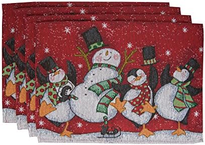 Best Token 4-piece Decorative Home Decor Jacquard Placemats Polyester-cotton Fabric Coaster Table Mats Pad for Dining Room 13”x19” -Christmas Holiday Pattern Series (Penguin & Snowman)