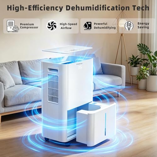 Folanzy 40 Pint Smart Dehumidifier for Basements Home (Covers 3500 Sq.Ft) | Continuous Drain Hose, Water Tank,Auto Defrost, 24H Timer & Quiet Operation for Garage,Bedroom