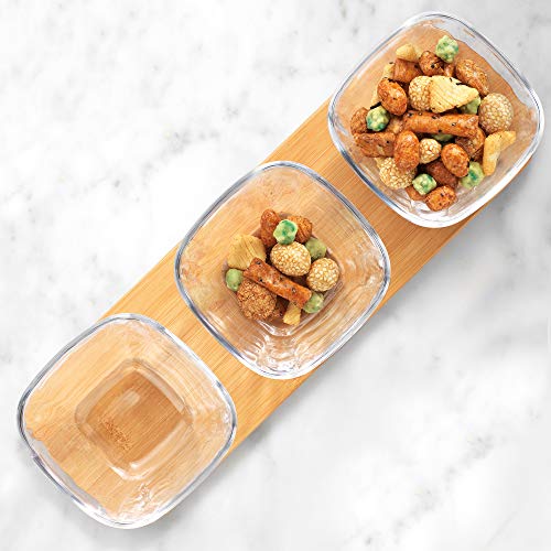 Dipping Bowls & Candy Dish Set - 3 Clear Glass Bowls On Bamboo Tray 6-oz Each | Appetizer Serving Tray Perfect For Dessert, Condiments, Nuts, Dips, And Snacks