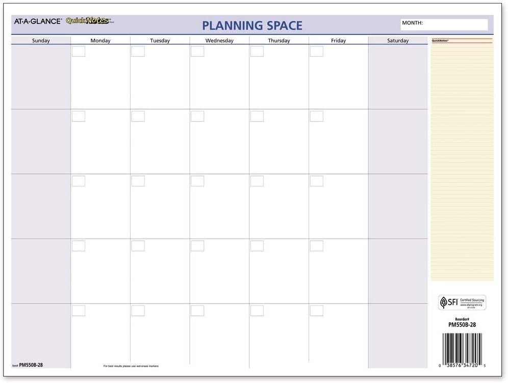 2020 Erasable Calendar, Dry Erase Wall Planner by AT-A-GLANCE, 16" x 12", Medium, Undated, Double Sided, QuickNotes (PM550B28)