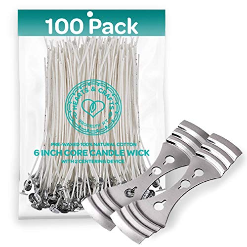 Hearts and Crafts Candle Wicks - 100% Natural Cotton, Pre-Waxed, Low Smoke 6" Wicks for DIY Candle Making, 100 Wicks Plus 2 Centering Devices