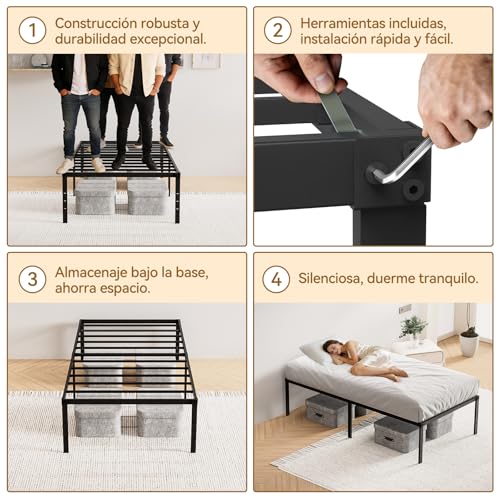 SAOFILY Base Cama Individual, Hierro Metálico, 45 cm de Alto con Espacio de Guardado Debajo para Sus Estructuras, Fácil de Montar y Gran Capacidad de Carga (100x190 CM / 39.37x74.8 Pulgadas)