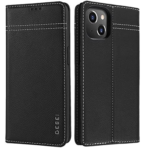 Gebei Hülle Echt Leder für iPhone 13 (6,1") - Premium Echte Lederhülle mit Standfunktion Kartenfach Magnetverschluss Flip Case Ledertasche Handyhülle