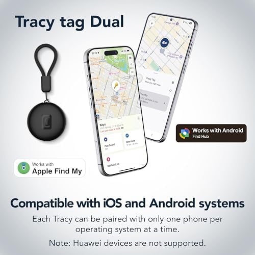 localisateur d'objets Tracy Tag Dual Compatible avec l'application Localiser d'Apple et Google Find Hub, avec la Certification IP67 et Une Pile CR2033, Noir