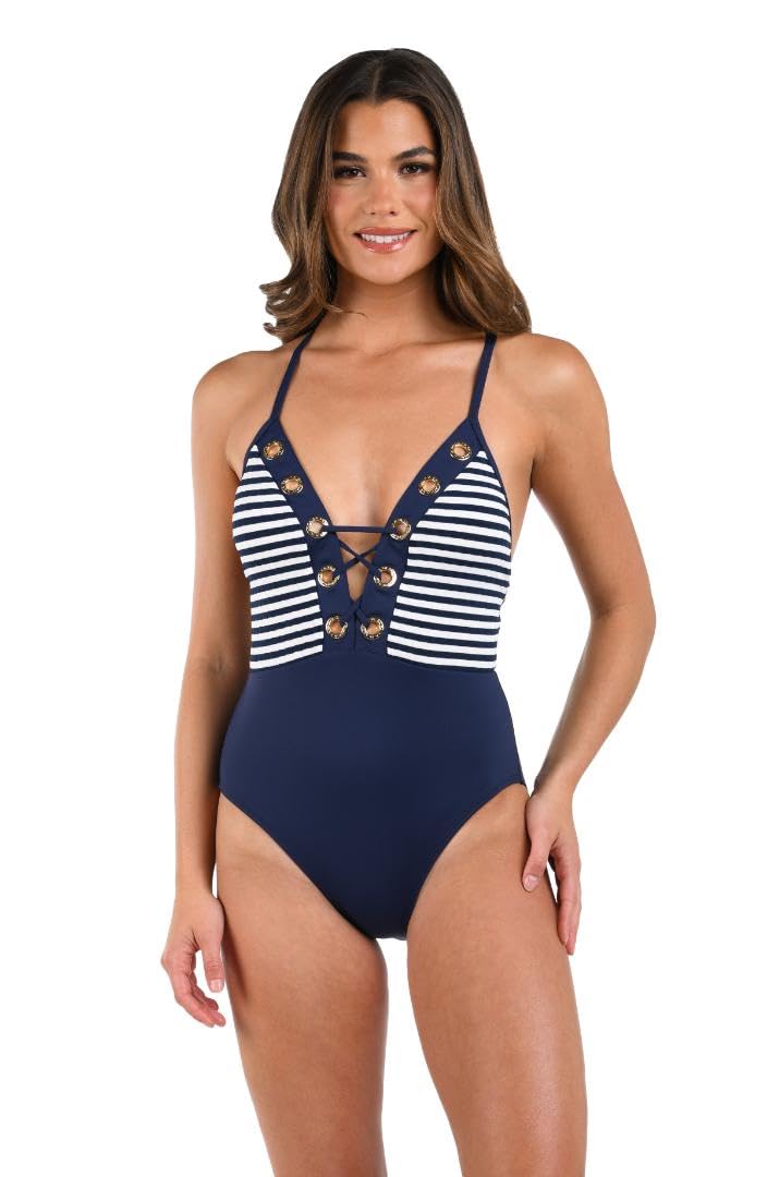 La Blanca Women’s One Piece Swimsuit Plunge Tummy Control Bathing Suit, Indigo//Set Sail, 16