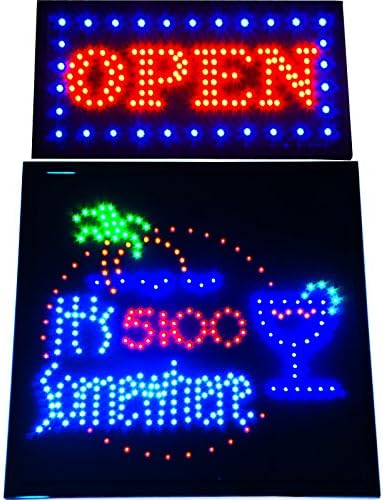 Bright Animated 19x10" LED Open Sign &amp; Large 19x19" It's Five O'clock Somewhere LED Beach Palm Tree Tiki Bar Sign Display neon