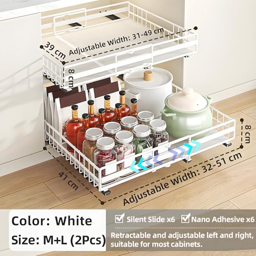 TOJUNE 2 Removable Kitchen Drawers with Sliding Rails (Set M+L) | Adjustable Width Expandable, Self-Adhesive/Drills with Nano Film for Kitchen, Pantry, Living Room (White)