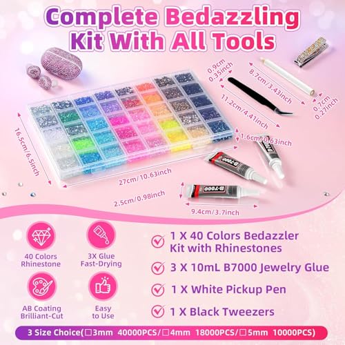 40 Colors 40000Pcs Resin Jelly Rhinestones for Bedazzling, Multicolor 3mm Flatback Gems for Diamond Art, Bedazzler Kit with 3Pcs 10ml B7000 Jewelry Glue for Nail Art Crafting Book Makeup