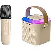Karaoke Machine for Kids and Adults, Mini Karaoke Bluetooth Mic Singing Speaker with Wireless Microphones and 7 Color Lights, Toys for All Phones, Birthday, Children's Day Gift, Family Party (Beige)