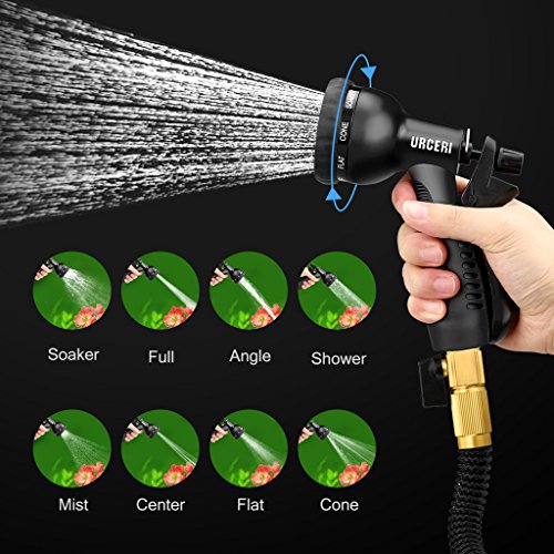 URCERI 50ft Expandable Garden Hose with 3/4 Solid Brass Fittings 8 Function Spray Nozzle Shut Off Valve Carrying Bag