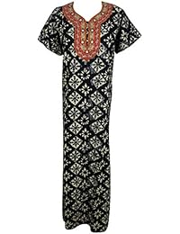 Womens Caftan Maxi Dress Black Printed Embroidered Neck Boho Hippie Summer Kaftan Nightgown