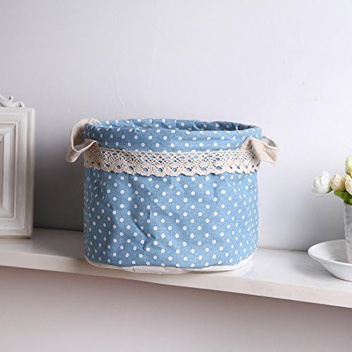 Blinedy Round Fabric Storage Basket Foldable Storage Cube Open Storage Cabinet with Polka Dots and Sweet Lace Desk and Table Organiser for Bathroom and Office (light blue)