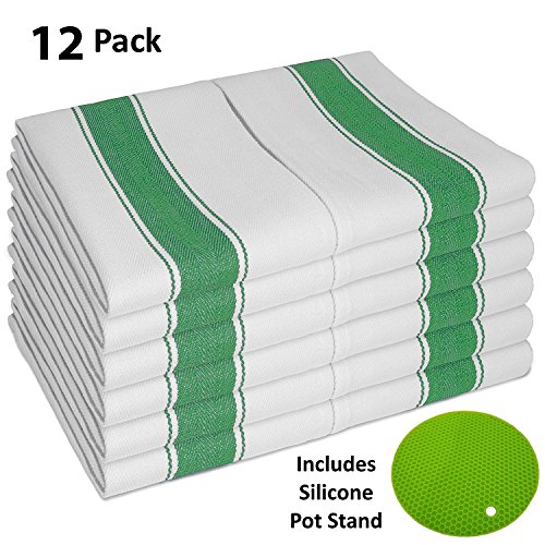 Vintage TEA TOWELS 12pk With Loop (100% Cotton Large 70X50 cm) - Longer Lasting, Super Absorbent In White with Green Stripes - Unique Herringbone Design for Fast Drying & Low Lint -