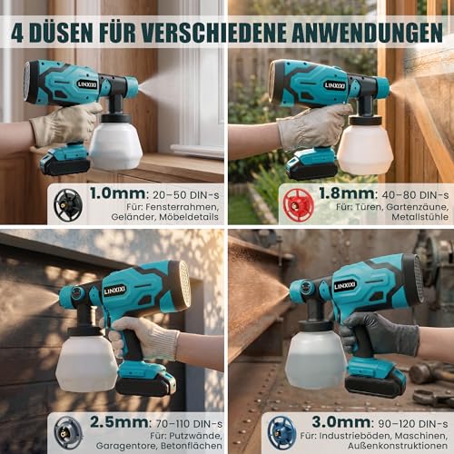 Battery Paint Spray System for Makita 18 V Battery, Wireless Paint Spray Gun, 1000 ml Container, 4 Nozzles & 3 Spray Patterns, Spray Gun for Wall Paint, Furniture, Fences, Garden Fences (without Battery)