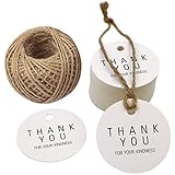 100枚 ラウンド クラフト紙　カード タグ クラフトタグ ギフト装飾 クラフトタグ (Thank You For Your Kindness )30M麻紐付き ギフトクラフト下げ札 結婚式 パーティー 白い