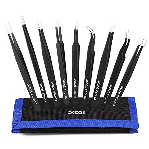 XOOL 精密ピンセット 9本セット ESD 静電防止 ステンレス製 ツイーザー 電子機器修理 宝石製作 ネイルアート用 収納袋付き