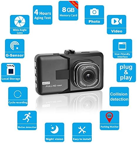 SUNNZO Car Dashboard Camera Recorder 3.0’’ LCD FHD 1080P 120 Degree Car Dash Cam with G-Sensor Parking Mode Motion Detection and Loop Recording (8GB SD Card Included)