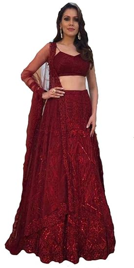 Womens Faux Georgette Heavy Embroidery Chain Work Semi-Stitched Suit (YF-170, Maroon, Free Size)