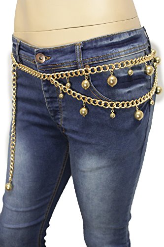 TFJ Women Fashion Belt Hip High Waist Metal Chain Balls Charms Plus M L XL Gold Color