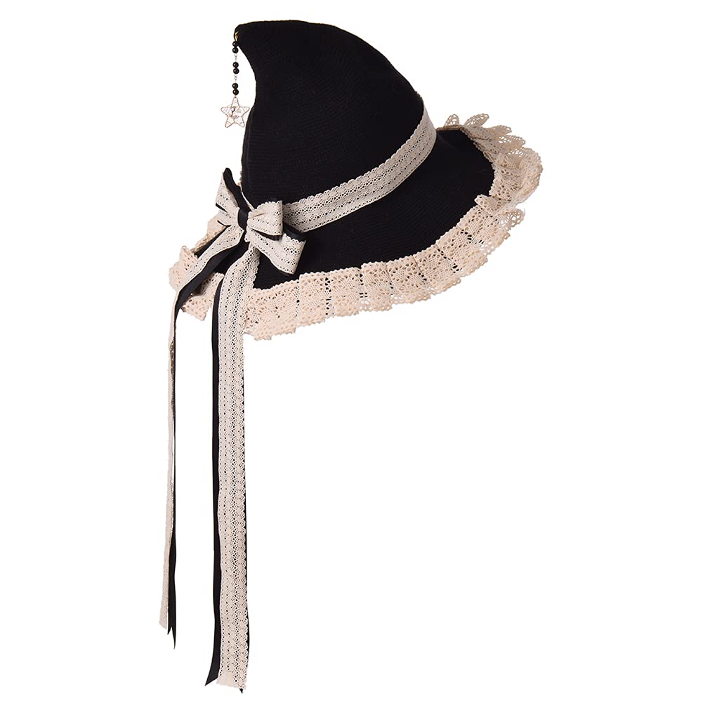 COSDREAMER Women Witch Hat Wool Knit Cap for Halloween Christmas Costume Party (Black beige)