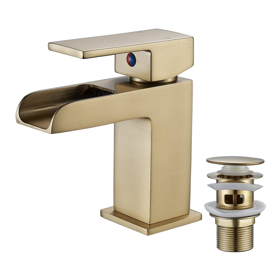 Luckyhome Waterfall Gold Basin Tap with Waste,Bathroom Single Lever Chrome Plated Brass Sink Mixer Tap