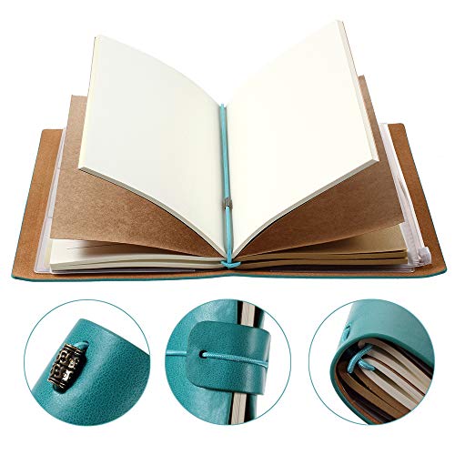 Leather Journal, Vintage Refillable Travelers Notebook with Line Paper+ 1 PVC Zipper Pocket +18 Card Holder for Women 4.7 X 7.9in (Blue)