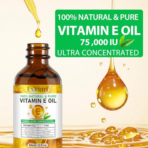 Pure Vitamin E, 100% Natural Vitamin E Oil for Skin, Organic Vitamin E Oil 75,000 IU, for Scars and Stretch Marks, Hydration of Dry Skin and Reduces Wrinkles, Firming Skin, 60 ml