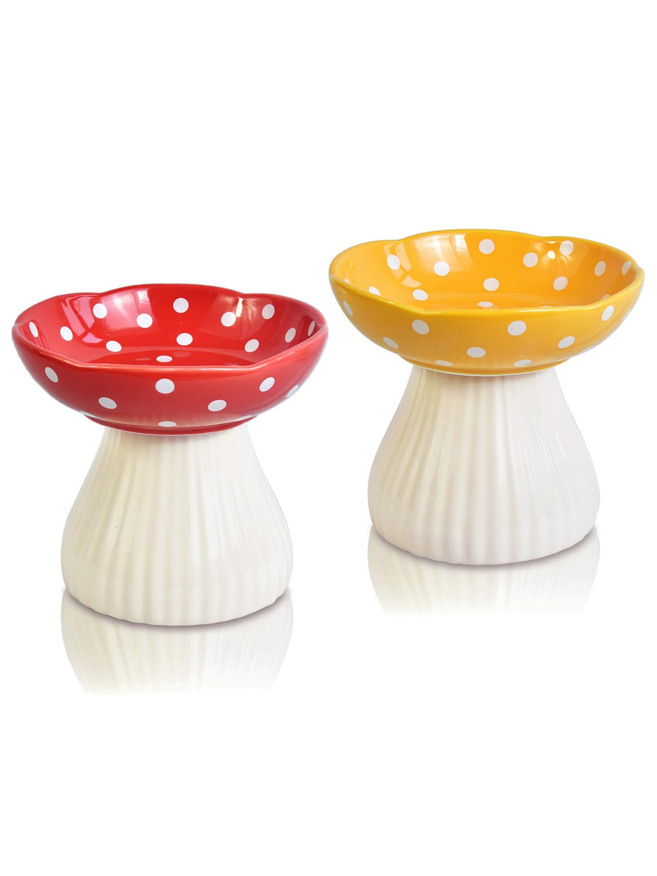 Photo 1 of *** PARTIAL SET *** XJYYLX Ceramic Raised Mushroom Cat Bowl Set, Cute Elevated Cat Bowls Whisker Friendly, Raised Dish for Food and Water, Red+Yellow 6" Wide for Adult Cats, Small Dog