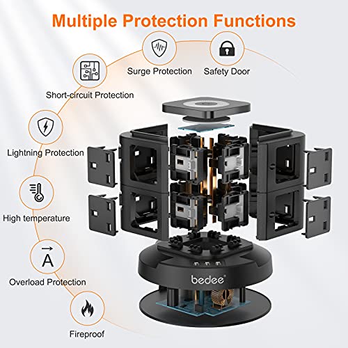Extension Plug Tower, bedee Tower Extension Lead with Surge Protection, Power Strip Tower with Night Light, 3 USB Slots and 8 Way Outlets, 3M Extension Cord