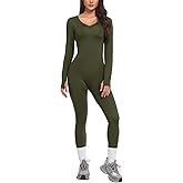 VUTRU Womens Long Sleeve Workout Jumpsuits V-Neck Romper Tummy Control Bodysuit Bodycon Sexy One Piece