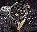 Men's Black Leather Wrist Watch Large Face 3D Analog Quartz Casual Watch with Red Number and Analogue