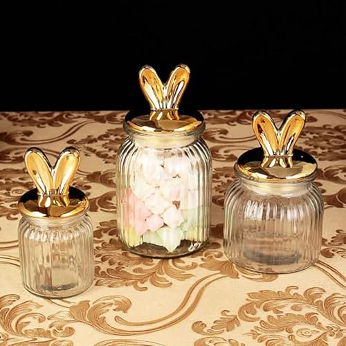 Glass Easter Candy Jars with Ceramic Bunny Ear Lids, Easter Decorations,Sealing Bunny Glass Jars Storage for Mini Eggs, Cookies, Sweets,Tray, Table Centerpiece, Kitchen, Home Spring Decor (1PC)