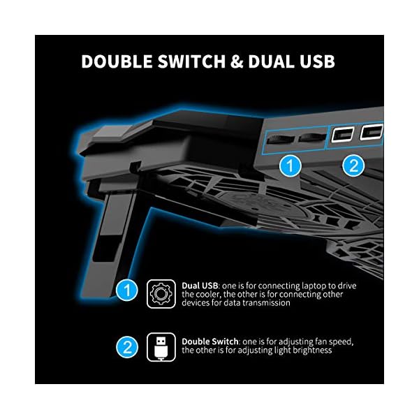 Zwini Laptop Cooling Pad 12"-17" Laptop Cooler Stepless Speed Fan Ultra Quiet Cooling Pad Stand with 5 Fans at 1400 RPM LED light 2 USB Ports