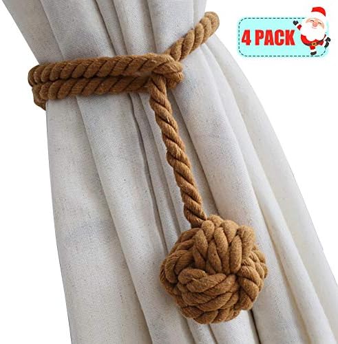 Yacolife 4 Pack Curtain Tiebacks,Handmade Natural Cotton Curtain Rope Tieback,Decorative Rope Holdbacks/Holder for Window Sheer and Blackout Panels,Coffee