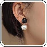 Jugielu Vintage Pearl Double Sided Earrings Pearl Ear Jacket Earrings Minimalist Round Bead Dangle Studs Black White Bead Front Back Earring Jewelry for Women