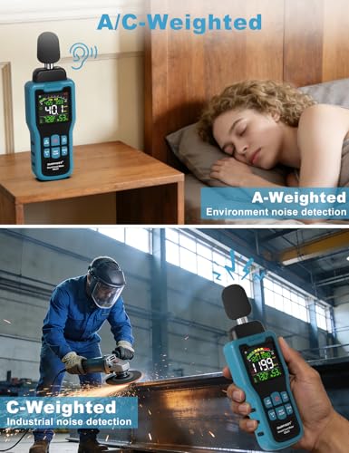 Fonometro, DURFICST Misuratore di Decibel con Misurazione di Temperatura e Umidità, 30-130 dB, Display LCD a Colori, Ponderazione A/C, Unità dB/SONE, Risposta VELOCE/LENTA, per Casa, Fabbrica, Ufficio