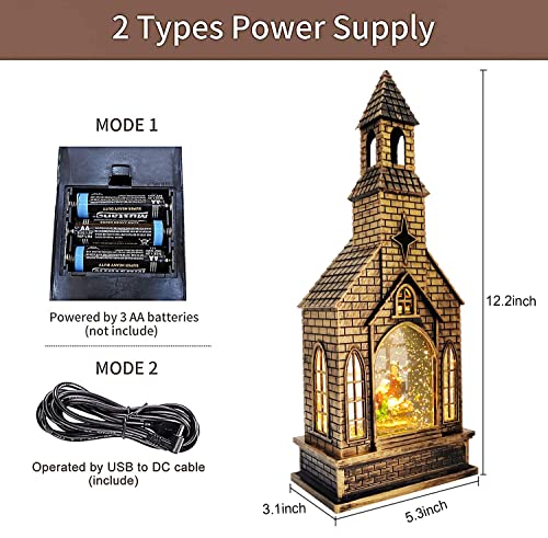 Christmas Snow Globes Lighted Water Lantern Glittering with Music, Battery Operated&USB Powered with 8 Songs &Timer, Nativity Water Globe Church Lantern for Christmas Home Decorations
