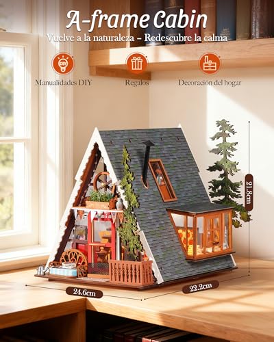 ROBOTIME Model Making for Adults, Miniature House A-Frame Wooden Dollhouse Ages 14+ Gifts for Women Men