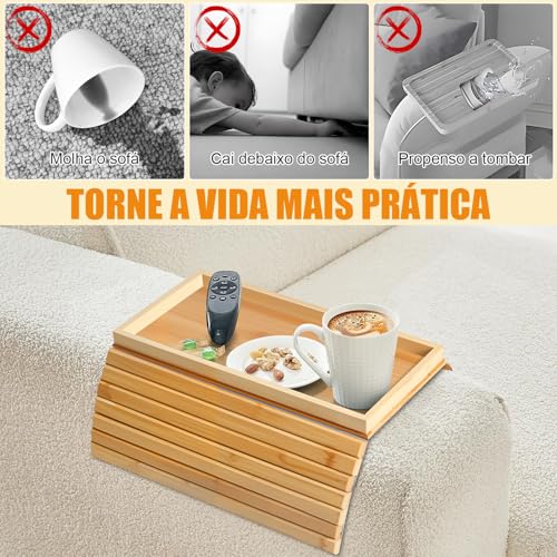 Mesa de Braço de Sofá 2 em 1, Bandeja de Braço de Sofá de Bambu, Bandeja Dobrável para Apoio de Braço