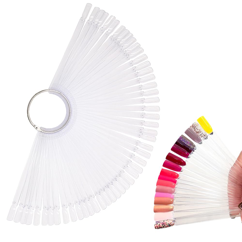 Pinkiou Nail Color Sticks, Nail Art Tips Sample Sticks With Metal Split Ring, Nail Polish Colour Display Nail Practice Display Fan Shape Card Set 50Pcs (Transparent)