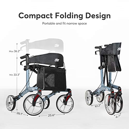 Zler Aluminum Rollator Walker with 10'' Wheels 300 lb, Premium Folding