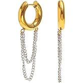 Gold Silver Tone Tassel Chain Dangle Small Hoop Earrings Huggie for Women Stainless Steel Gold Plated Link Dangling Drop Hoops Earring Cartilage Tragus Wrap Cuffs Fashion Jewelry for Mother Birthday