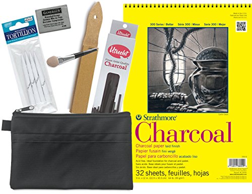 Drawing Charcoal Kit Black Willow Sticks Medium 9 x 12 Sketch Paper Pad / Applicator Brush / Sandpaper & Kneaded eraser / Blending Tools in Utility Zip Pouch