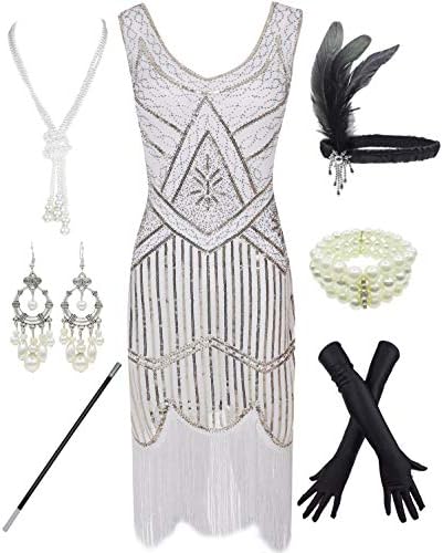 1920s Gatsby Sequin Fringed Paisley Flapper Dress with 20s Accessories Set (2.