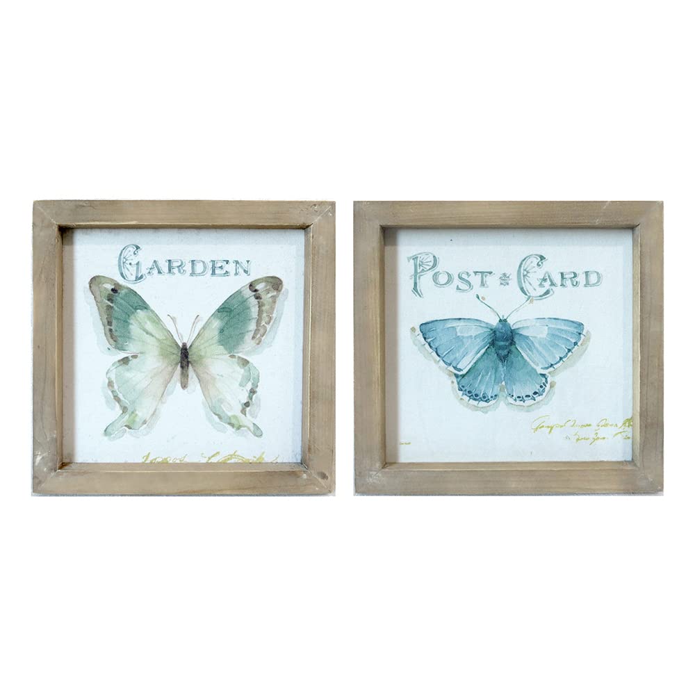 Handmade Shaby Chic Set of 2 Blue Butterfly Canvas Prints with Wooden Frame