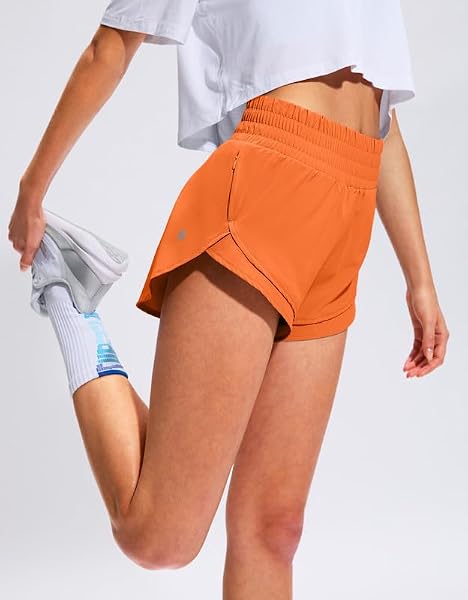 SANTINY WOMEN’S HIGH WAISTED RUNNING SHORTS WITH ZIP POCKETS MESH LINER 2.5″ WORKOUT GYM ATHLETIC SHORTS FOR WOMEN (ORANGE_M)