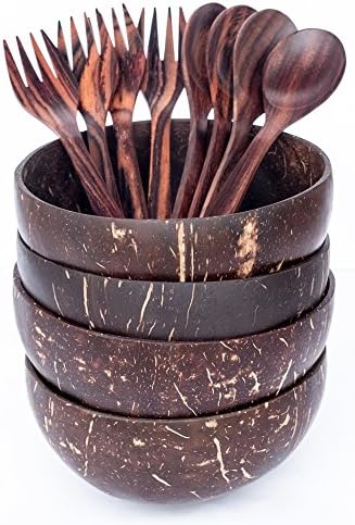 Bali Harvest Original Coconut Bowls and Wooden Sono Spoons & Forks - 100% Vegan & Natural Handmade from Reclaimed Coconut Shells (4 Bowls with 4 Spoons and 4 Forks)
