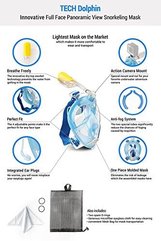 180°Full Face Snorkel Mask with Panoramic View Anti-Fog, Anti-Leak with Adjustable Head Straps with longer Snorkeling Tube Free Waterproof Diving Phone Cover