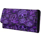 Jolamirel Women's Purple Skull Floral PU Leather Tri-fold Zipper Wallet, Candy Skull Buckle Elegant Clutch