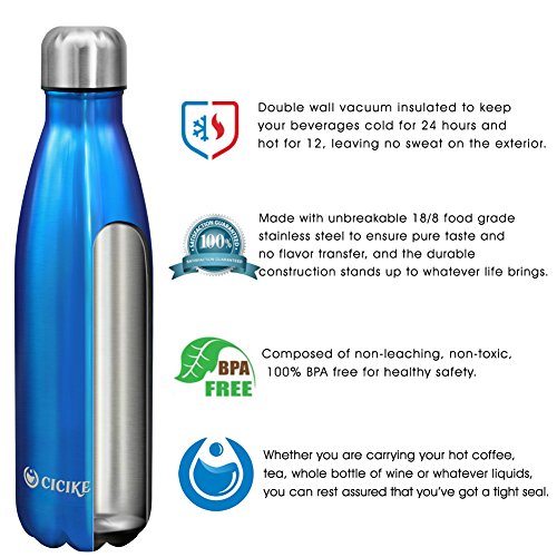 Cicike Reusable and Portable Stainless Steel Vacuum Insulated Drinking Water Bottle, Leak Proof Metal Water Bottle, 17oz/500ml, BPA Free, Narrow Mouth, Keeps Water Cold 24 Hours and Hot for 12